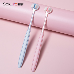 แปรงสีฟันซากุระ ขนแปรงนุ่ม 3 ด้าน สำหรับทำความสะอาดฟัน คู่รักใช้ สีฟ้าชมพู - Product Image 1