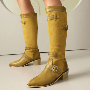 Big Size 47 Low Chunky Heels Belt Metal Buckles Shoes Women Pointed Toe Cowboy Knee High <b>Boots</b> on Wide Fit Long Booties - Product Image 2