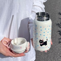 Gobelet double à boire en acier inoxydable pour chaton, motif à pois, style princesse mignon pour étudiant, gobelet à paille de haute qualité