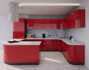 Armarios de cocina con forma curva contemporáneos, laca roja lista para montar, con Isla