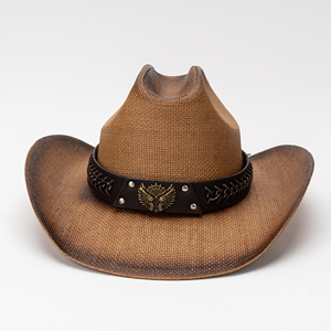 Flat Top Wide Rolled Brim Straw <strong>Cowboy</strong> Hat American Vintage Unisex Western Style Summer Outdoor Sun Cap - Product Image 2