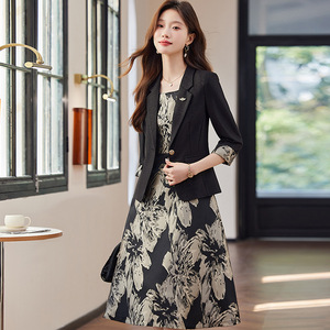 Women's Printed Suit Dress Set Black Blazer Crepe Two Piece Summer Korean Style Breathable Polyester - Product Image 4
