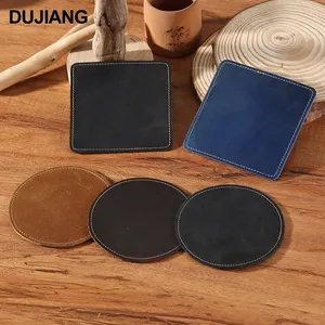 Handmade Crazy Horse Leather Table Coaster Set Logotipo Personalizado Coasters De Bebida De Couro Genuíno Atacado Round Mat para Cozinha