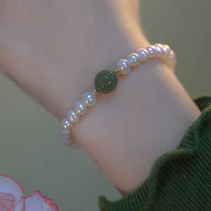 Qingdai Women's New Pearl <b>Bracelet</b> Natural Hetian Jasper <b>Elastic</b> 30g Feeling Elegant Bangle - Product Image 5