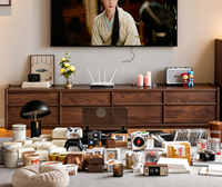 Console multimédia à profil bas avec plusieurs tiroirs de rangement, meuble de divertissement en bois Japandi pour salon