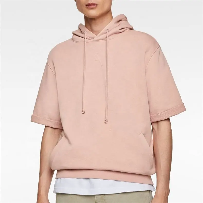 Erkekler için özel boş düz pembe boy kısa kollu hoodies