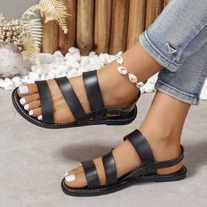 Sandales plates multi-brides pour femmes, à bout ouvert, avec bride de cheville réglable à boucle, pour l'été, décontractées, de plage, vente en gros - Product Image 4