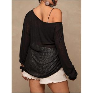 Top de punto transparente de talla grande para mujer, con hombros descubiertos, manga larga, cuello asimétrico, ajuste holgado, para cubrir trajes de baño o como prenda exterior. - Product Image 2