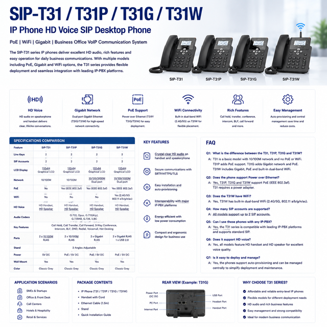 Yea Link SIP-T31 T31P T31G T31W IP Phone HD Voice SIP Desktop Phone PoE WiFi Gigabit Business Office VoIP Communication System