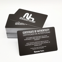Carte de garantie d'authenticité de certificat en plastique personnalisé avec enveloppe de carte de papier