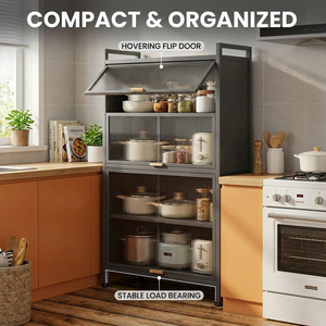 <span class=keywords><strong>Meuble</strong></span> de rangement de cuisine moderne avec portes en verre cannelé, étagère de rangement métallique à 5 niveaux <span class=keywords><strong>pour</strong></span> micro-ondes <span class=keywords><strong>et</strong></span> <span class=keywords><strong>four</strong></span> - Product Image 4