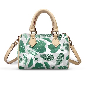 Sac à main élégant pour femme, sac cylindrique personnalisé avec imprimé feuilles tropicales, mini sac Boston en cuir PU, impression à la demande - Product Image 2