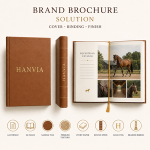 Catalogue personnalisé du club équestre et de chevaux arabes de race, format A4, couverture rigide, texture cuir brun, gaufrage doré, brochure - Product Image 3