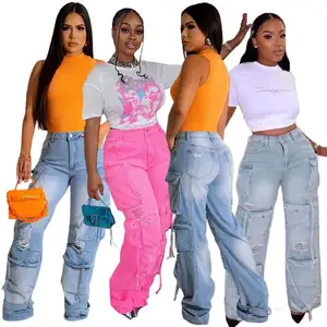 Jeans vintage cool hip-hop décontracté pour moto jeans baggy cargo à poches multiples jeans droits pour femmes
