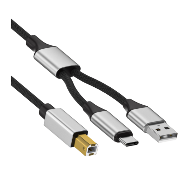 High Quality 1.5m/5feet 2-in-1 USB A+Type-C USB B Midi Cable Nylon Customized for Music Instruments Scanner Printer Devices