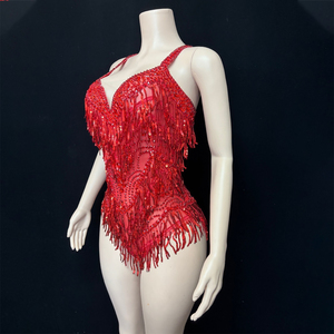 Novance Y4903 Produit en vente : Robe de soirée sexy dos nu pour femme, ornée de strass rouges, de sequins et de pompons, idéale pour les fêtes de Noël et les clubs. - Product Image 5