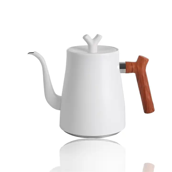 White Enamel Pourover Kettle with Wood Handle