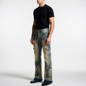Pantalon évasé <span class=keywords><strong>de</strong></span> style vintage anglais à taille haute respirant Wangsheng, déchirures usées, finition trouée, denim - Product Image 6
