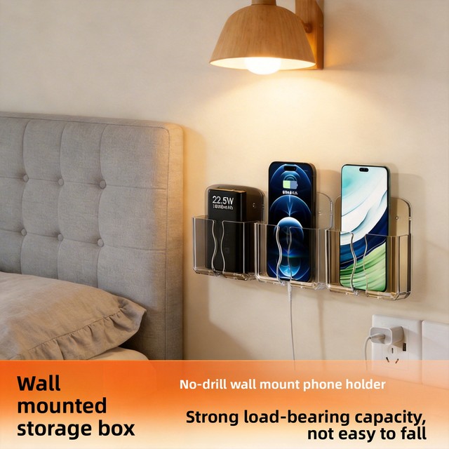 Stick-on Phone Charging Stand No-Drilling Wall Mount Japanese Style PC Material Bedroom Bedside Organizer Lazy Users Storage
