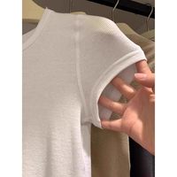 T-shirt blanc décontracté à épaules dénudées, col rond, manches courtes, couleur unie, tricoté 160g, pour femme, printemps 2025, coupe ajustée, flatteur pour la silhouette