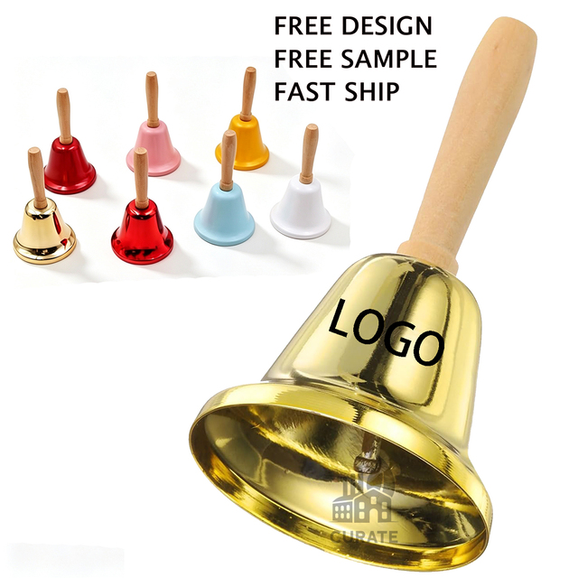 Custom Logo Christmas Metal Hand Bell With Wood Handle Service Call Dinner Bell Home Restaurant Reception Holiday Decoration