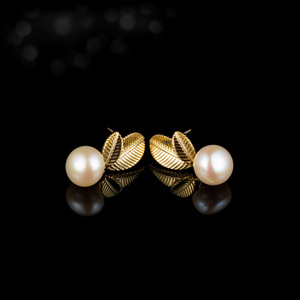 Muyu Pearl Stud Earrings Gold Leaf Freshwater Pearl 925 Silver Post For Women Gift - Product Image 2
