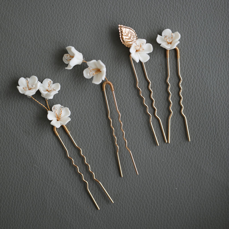 Handmade Ceramics Flower Bridal Hair Comb Set with Crystals display picture 2