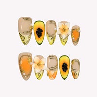 Ongles à presser en acrylique, motif fleur de papaye tropicale 3D, ligne dorée, perle, amande, options de logo personnalisables, certifiés CE, pour les vacances