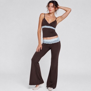 Women's 2 Piece Short Lace Trim Color Block Sleeveless Cami Top Low Rise Wide Leg Pants Summer <b>Set</b> - Product Image 2