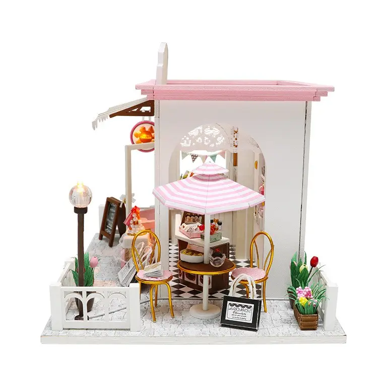 XRH RTS 3d bricolage rose Wooedn Miniature maison maison de poupée bricolage en bois Miniature maison jouets maison avec lumière LED