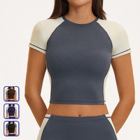 T-shirt pour femme à empiècements contrastés, respirant, léger, à séchage rapide, manches courtes raglan ajustées, haut de sport pour yoga, course en plein air