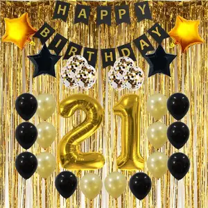 Pafu金色和黑色的 21 岁生日派对用品生日快乐横幅五彩纸屑气球箔窗帘生日装饰
