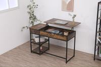 Bureau d'ordinateur relevable de conception industrielle, aspect bois brun rustique, poste de travail pour bureau à domicile, étagères latérales ouvertes
