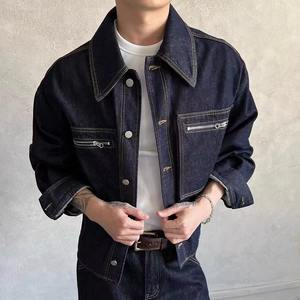 Autumn New High-Quality Design <b>Denim</b> Raw Cowhide Dark Blue Workwear Jeans Jacket for <b>Men</b> Loose Vintage Coat - Product Image 1