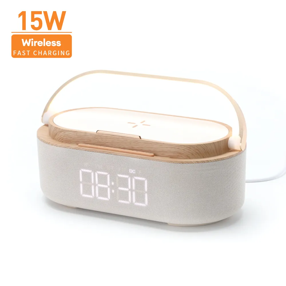 Multifunctional Time Clock Alarm Clock Dimming LED Mood Lighting Speaker 15W wireless charging stand watch charging stand