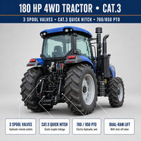 Tracteur agricole 180 CV 4x4 avec attelage rapide Cat.3, réservoir de carburant de 280 L, prise de force 760/850 pour le labour, le semis et l'herseage dans les sols pierreux et lourds