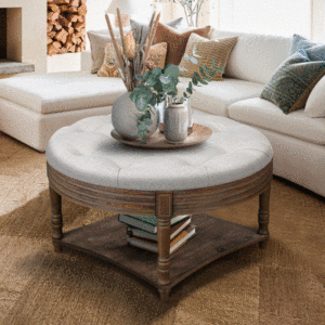 Large Round Waterproof Ottoman Coffee <b>Table</b> 2 Tier Button Tufted With Wooden Shelf Storage Farmhouse Style - Product Image 1