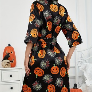 Femmes Halloween solide Satin col en v Kimono Cardigan peignoir robe du matin/chemise de nuit taille élastique à manches longues pyjamas - Product Image 3