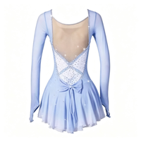 Robe de patinage artistique dégradé bleu clair, col en V, maille ornée de strass, manches longues, dos profond, nœud, jupe asymétrique pour adultes et enfants
