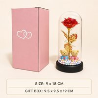 Coffret cadeau décoratif pour la Saint-Valentin pour elle : rose en feuille d'or sous dôme en verre avec base noire et deux oursons en peluche, 9x18cm