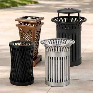 Outdoor Metal Trash Can Cylindrical With Lid For Park And Garden Use - Product Image 1