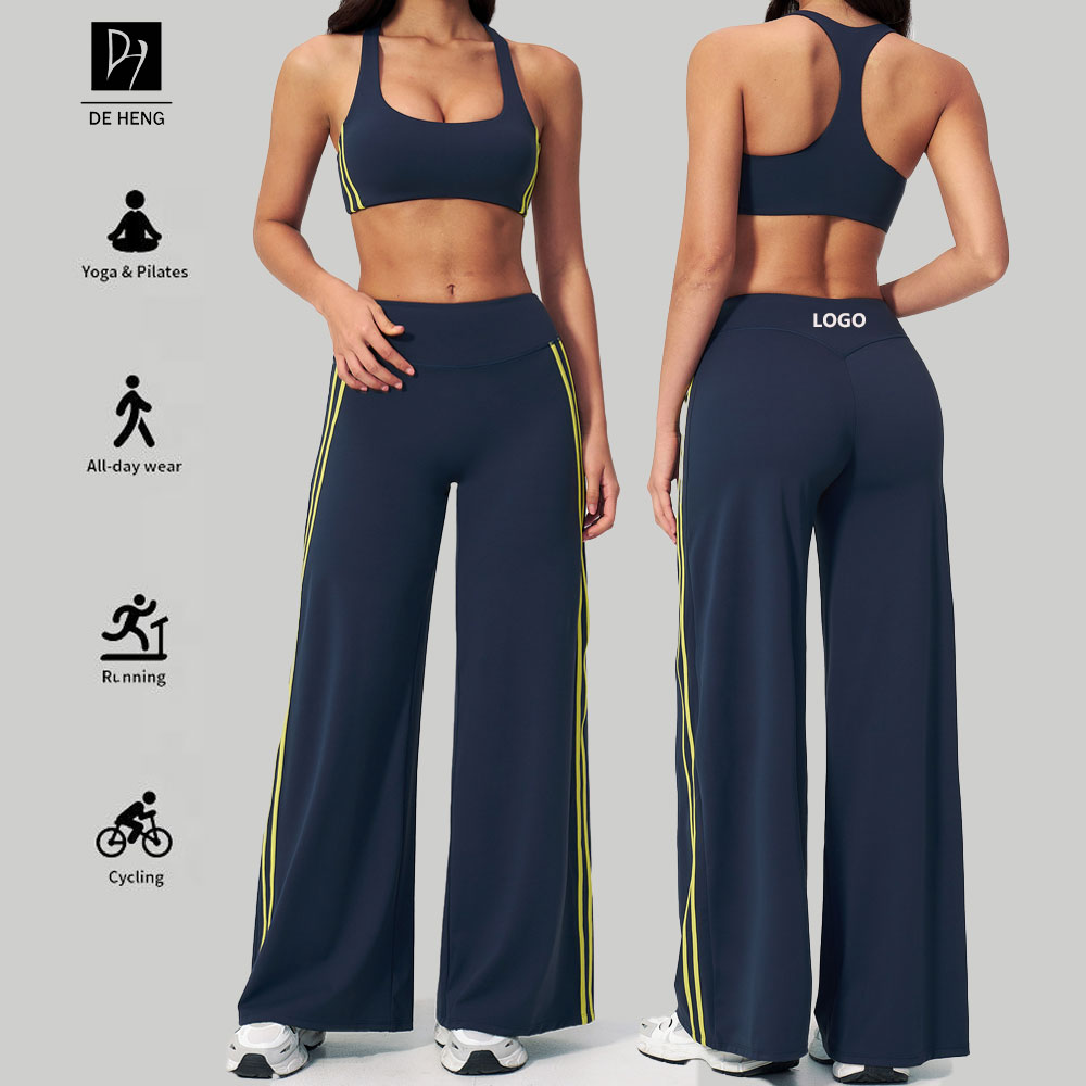Solid Color Yoga Set Women's Racerback Crop Top High Waist Wide Leg Pants With Side Stripe Breathable Sportwear 2 Piece Outfit