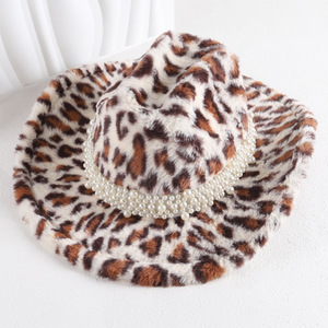 ZhenXi Sombrero de vaquero de felpa con estampado de leopardo y banda de perlas M56-58cm, sombrero cálido para otoño e invierno para hombres y mujeres - Product Image 2