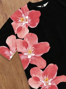 T-shirt décontracté à manches courtes pour homme, col rond, imprimé floral noir - Personnalisation en usine disponible. F10 - Product Image 2