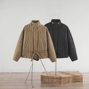 Veste matelassée en coton pour femme, col montant, fermeture éclair, ceinture, coupe régulière, automne-hiver - Product Image 2