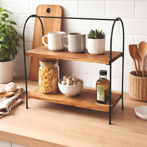 Étagère utilitaire en bois rustique et industriel de qualité supérieure avec cadre métallique à double niveau pour le rangement des assiettes et des bols dans la cuisine - Product Image 3