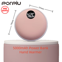 Calentador de Manos Ultrafino y Pequeño PORPIU, Banco de Energía Portátil de 5000 mAh con Pantalla LED, Carga Rápida, para Uso en Exteriores