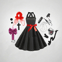 Ensemble de costume de robe à pois pour Halloween, tenue de fête rétro pour femmes, robe à bretelles avec lunettes œil de chat et écharpe pour Halloween