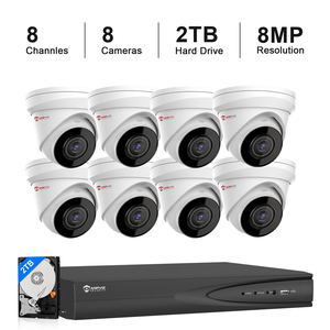 ระบบกล้องวงจรปิดแบบทูร์เร็ต 8MP POE IP67 สินค้าในสหรัฐอเมริกา 4 ตัว พร้อมเครื่องบันทึก NVR 8 ช่อง ฮาร์ดดิสก์ 2TB ตรวจจับมนุษย์และยานพาหนะ ไฟส่องสว่างอัจฉริยะแบบคู่ - Product Image 1