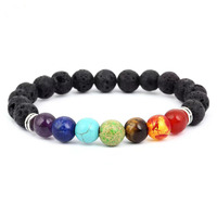 Bracelet de Charme Tressé Perlé, Perles de Pierre Naturelle, Yoga, Guérison Énergétique, Pierre de Lave Volcanique, 7 Chakras, Diffusion d'Ambre, Plaqué Argent